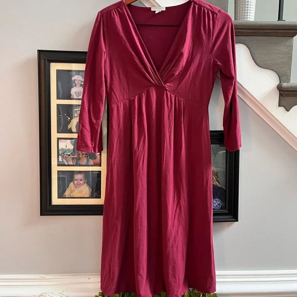Garnet Hill Burgundy 3/4 Sleeve Cross Bodice Jersey Dress sz XS